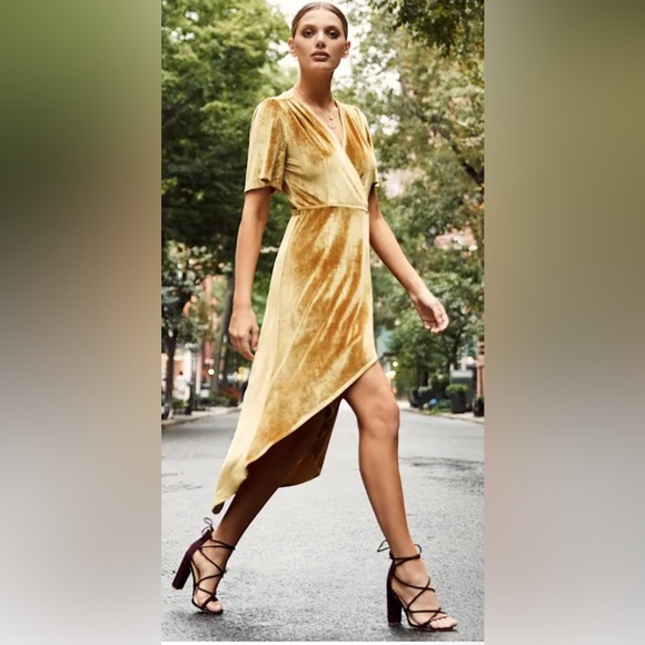 Lulus Amour Golden Yellow Velvet High-Low Wrap Dress - Picture 5 of 9